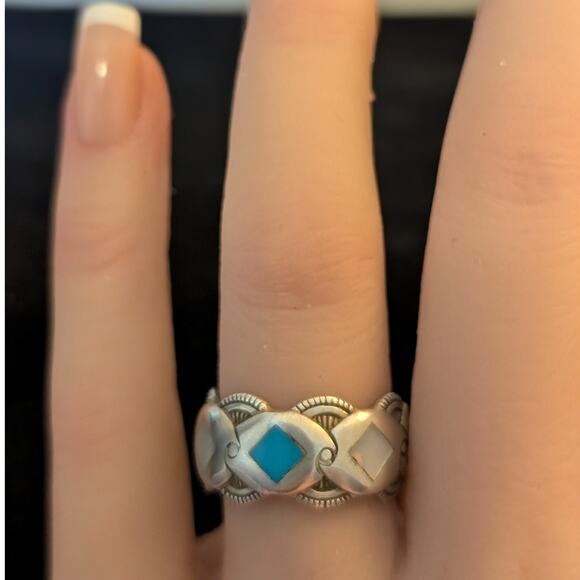Vintage Signed 925 Sterling Turquoise & MOP Diamond Inlay Band Ring Size 6.75 - Picture 1 of 10